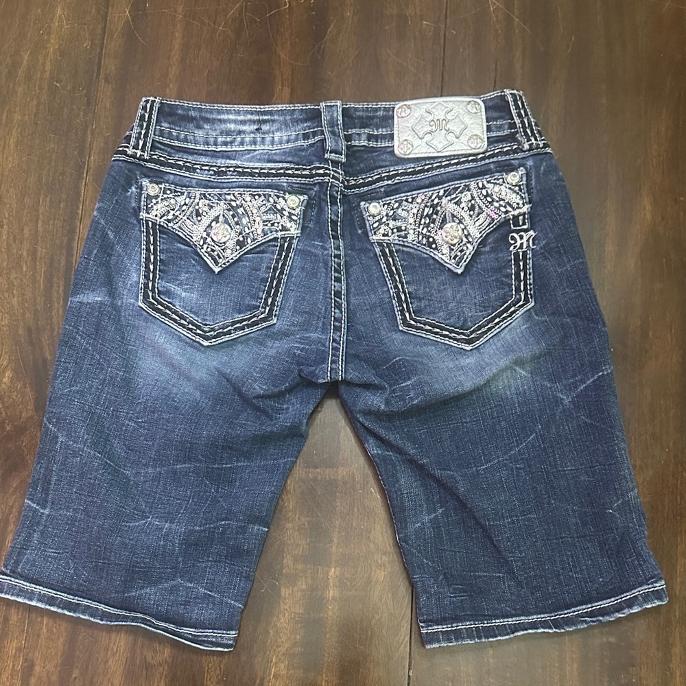 Miss Me Dark Blue Jean Shorts with Silver Accents